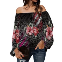 womens autumn blouses 2021 polynesian hibiscus print women chiffon shirt close charm off shoulders long sleeve womens clothing