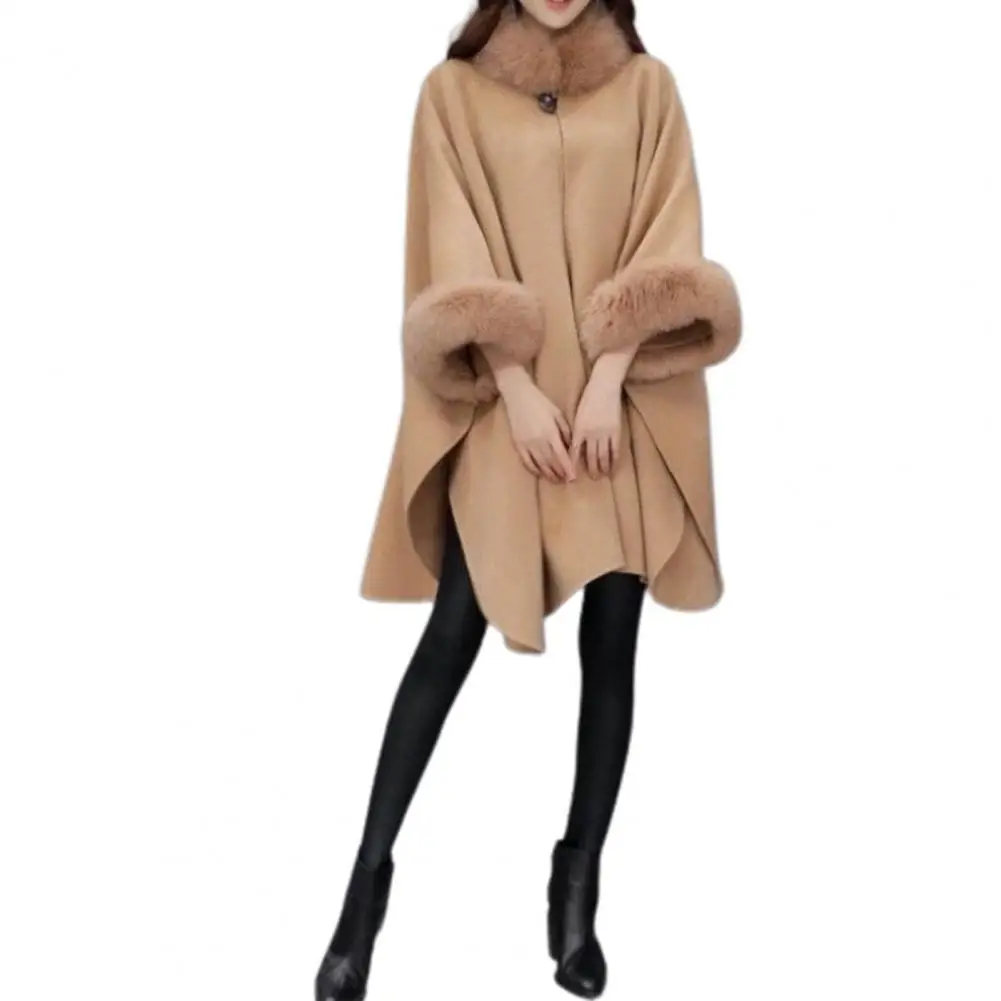 

Women Cape Coat Solid Color Faux Fur Collar Autumn Winter Warm Loose-fitting Mid-length Poncho Coat for Daily Wear Black xxxl