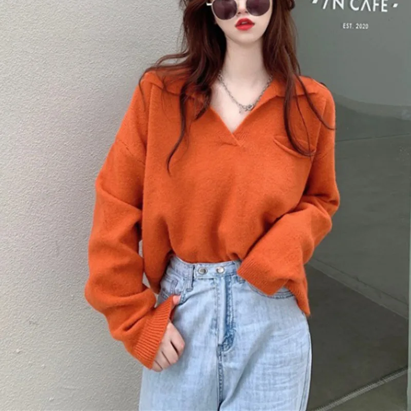 

Korea Chic Loose Thin Lazy Short Orange V-neck Pullover Knitted Long Sleeve Solid Color Sweater Top Female 2021 N155