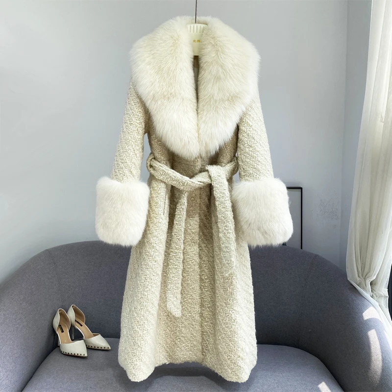 TOP Quality 2021 winter new Fashion female Trend Luxurious Fox fur parka Women's Large real fur Long Tweed wool coat outerwear
