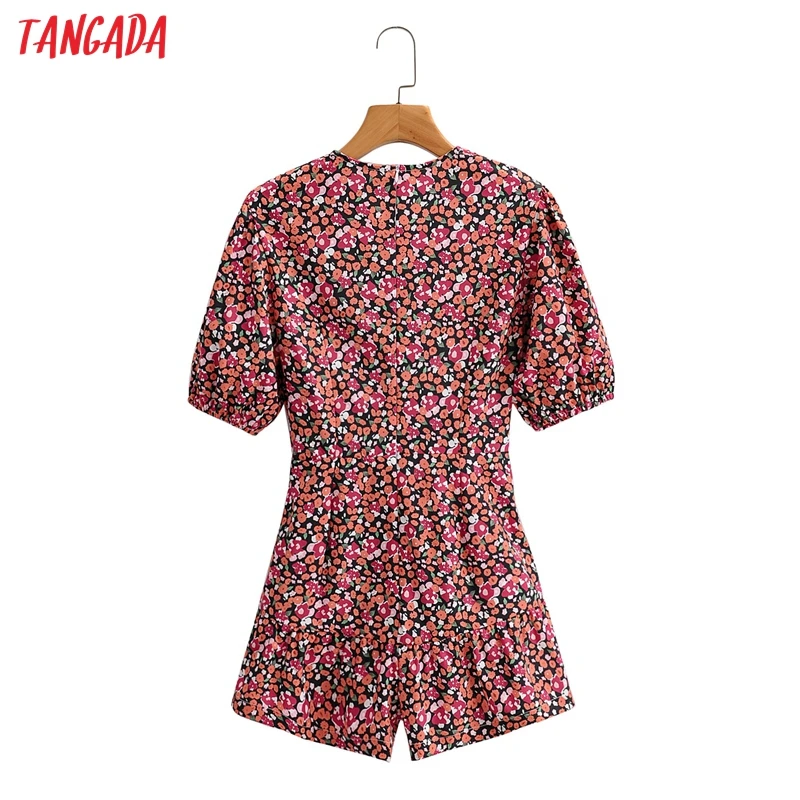 

Tangada Women Vintage V Neck Floral Playsuits Back Zipper Short Sleeve Rompers Ladies Casual Chic Jumpsuits 1F184