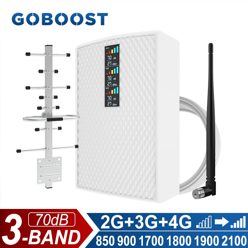 GOBOOST Tri Band Cellular Amplifier 2G 3G 4G Signal Booster 850+900+1700/2100+1800+1900+2100 MHz Repeater With Antenna Kit