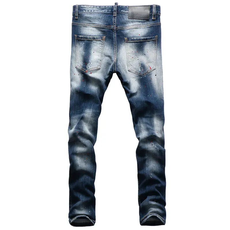 European American Streetwear Fashion Men Jeans Retro Blue Slim Fit Ripped Jeans Men Patches Designer Hip Hop Denim Punk Pants
