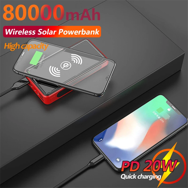 80000mah qi solar power bank wireless portable fast charger outdoor external battery for xiaomi samsung iphone free global shipping