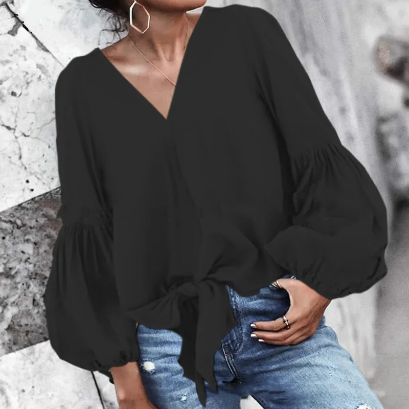 Осенняя Женская рубашка повседневная свободная сексуальная v-образные вырезы с