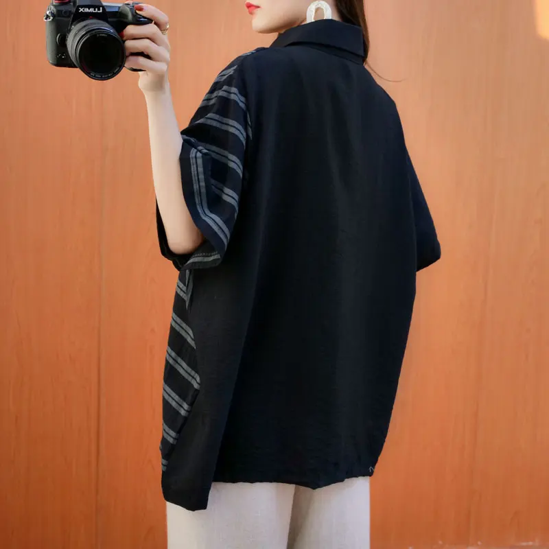 

DIMANAF 2021 Plus Size Women Blouse Shirts Striped Print Patchwork Short Sleeve New Casual Summer Oversize Style Large Shirts