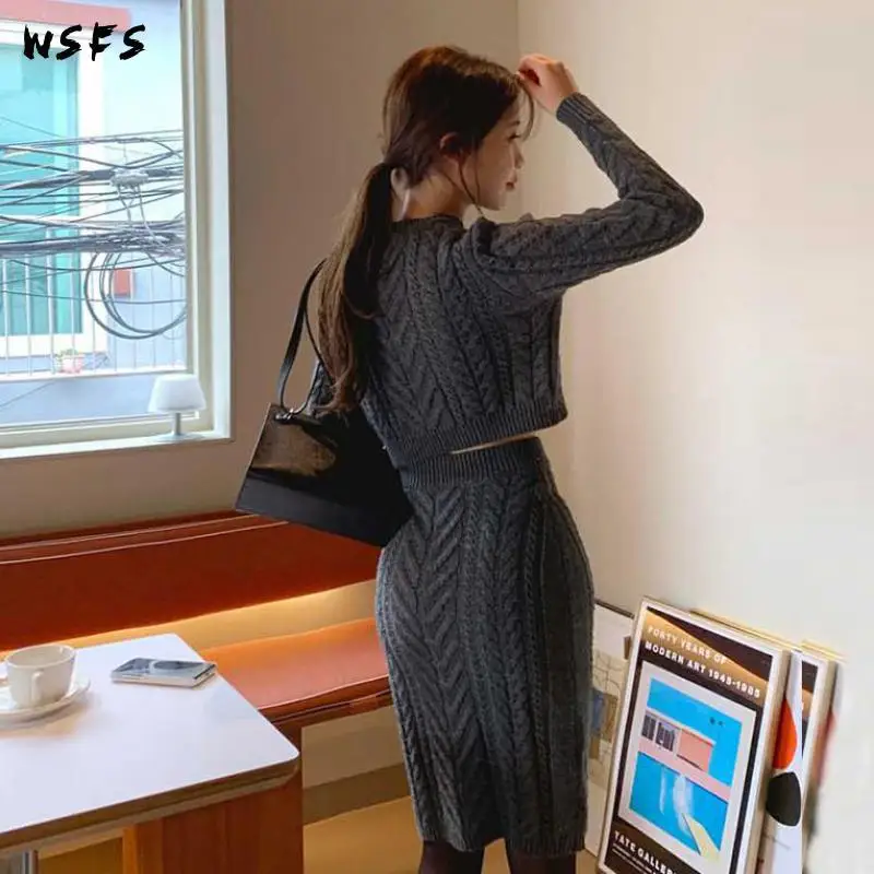 

2 Piece Set Autumn Dresses Oneck Top Knitted Women Dress Vintage Elegant Midi Wrap Mermaid Skirt Lady Sexy Party Korean Clothes