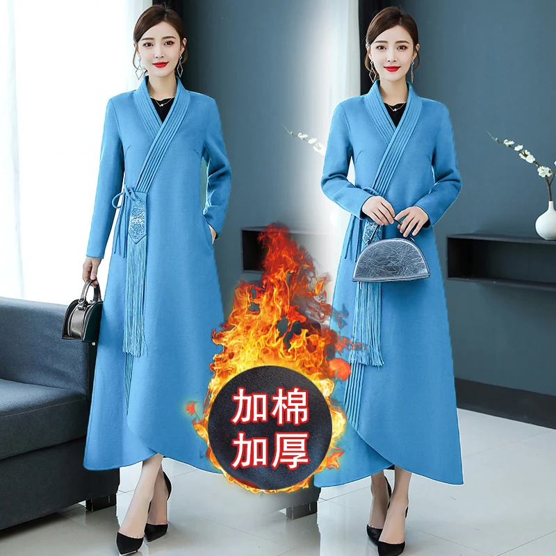 thickening blue Женская одежда, вышивка, китайский стиль, восстановление древних способов, Осень-зима, улучшенная одежда, ханьфу, китайская ветровка - Цвет: thickening blue