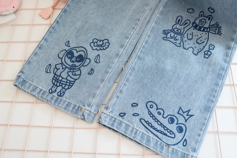 Женские джинсы с принтом животных прямые светильник голубые брюки кошками и