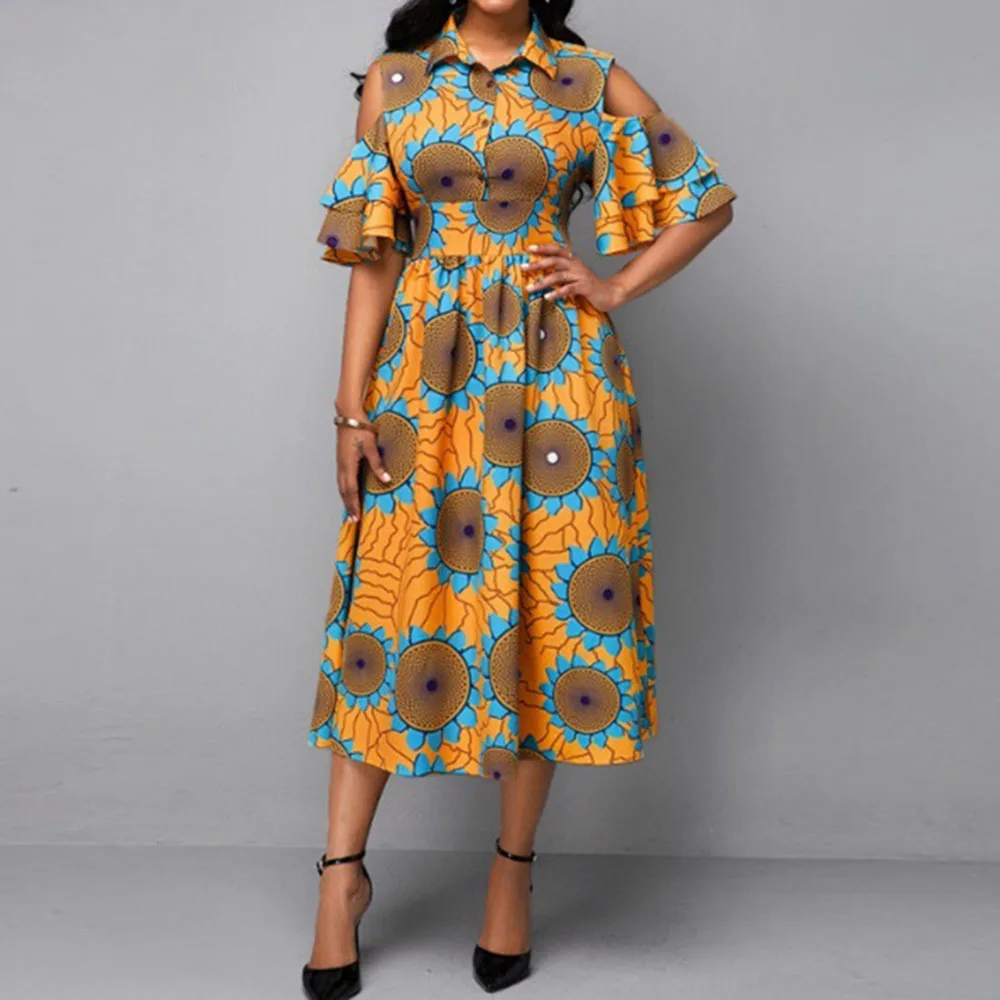 

Western Style Fashion Temperament Women's Dress Summer 2021 Splicing Printing Oversize Casual Flared Sleeves Strapless