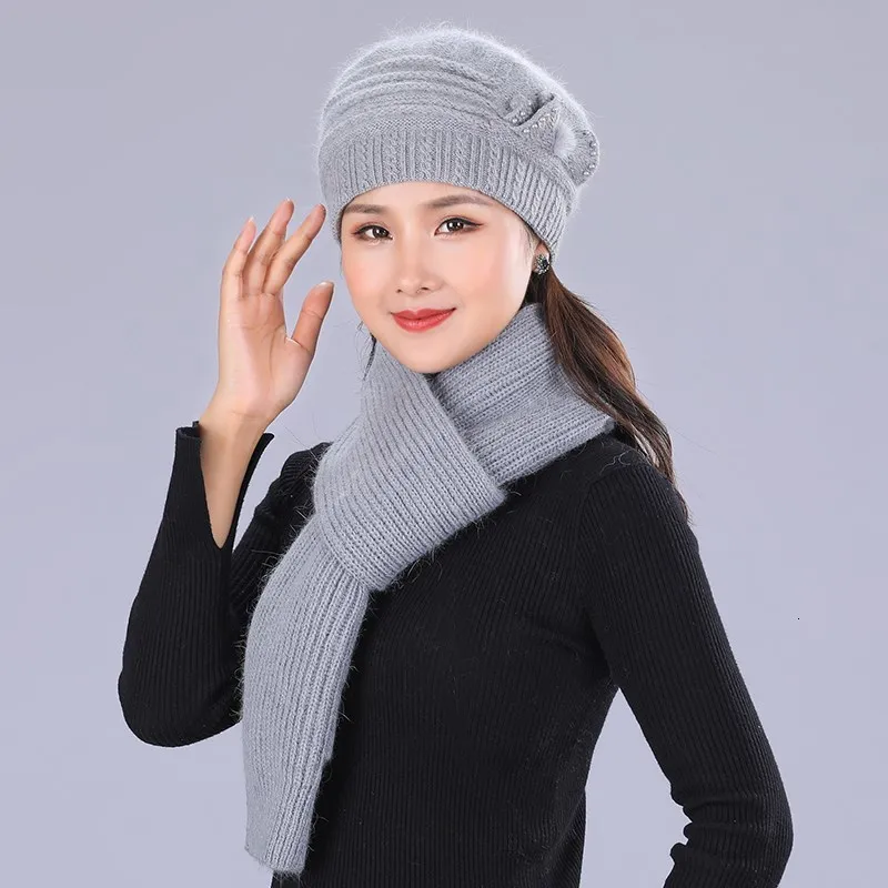 Mother's Nnew Year Gift Rabbit Knit Cap Scarf The Elderly Women's Autumn And Winter Warm Hat Scarf Female Winter Hat Twinset