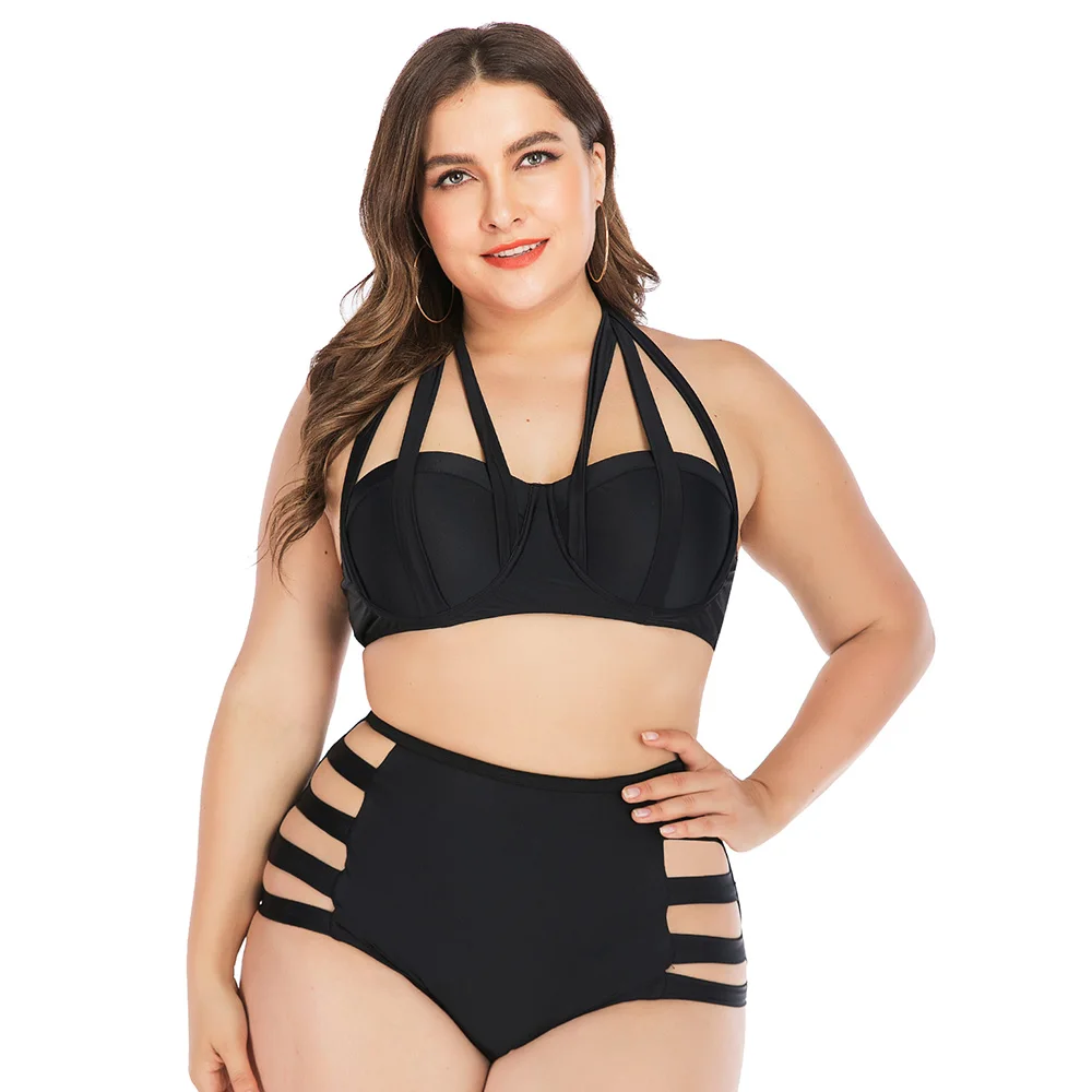 Черное бикини большого размера женский купальник пуш-ап бандажный однотонный с
