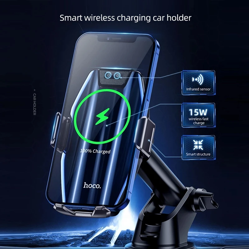 hoco 15w wireless car phone holder for iphone 12 pro max intelligent infrared 360 roation fast charging air vent mount bracket free global shipping