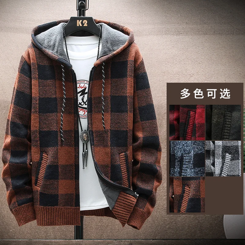 Men's New Plaid Hooded Sweater Autumn/Winter Fleece Warm wool Zipper Jacket Fashion high quality Square Knitted Coat Cardigan
