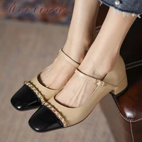 meotina mary janes shoes woman genuine leather pumps med thick heels pumps chain square toe ladies footwear buckle elegant shoes