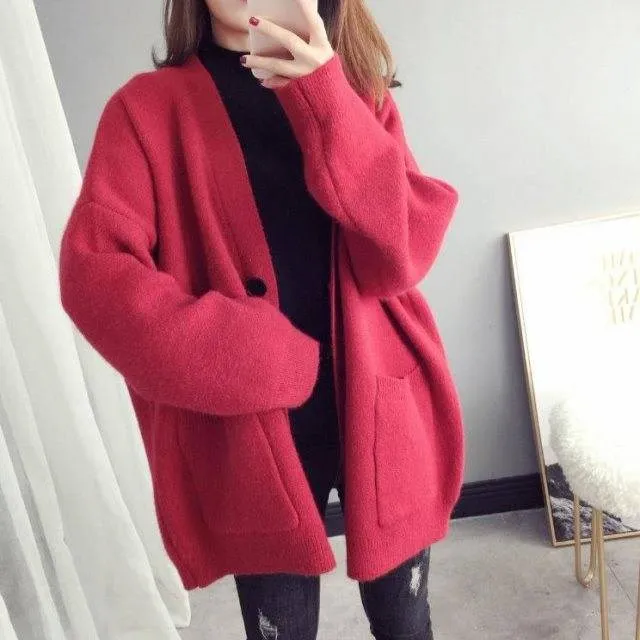 Модные Базовые Женские вязаные кардиганы, одноцветные Свободные повседневные Элегантные свитера с длинным рукавом, женские куртки