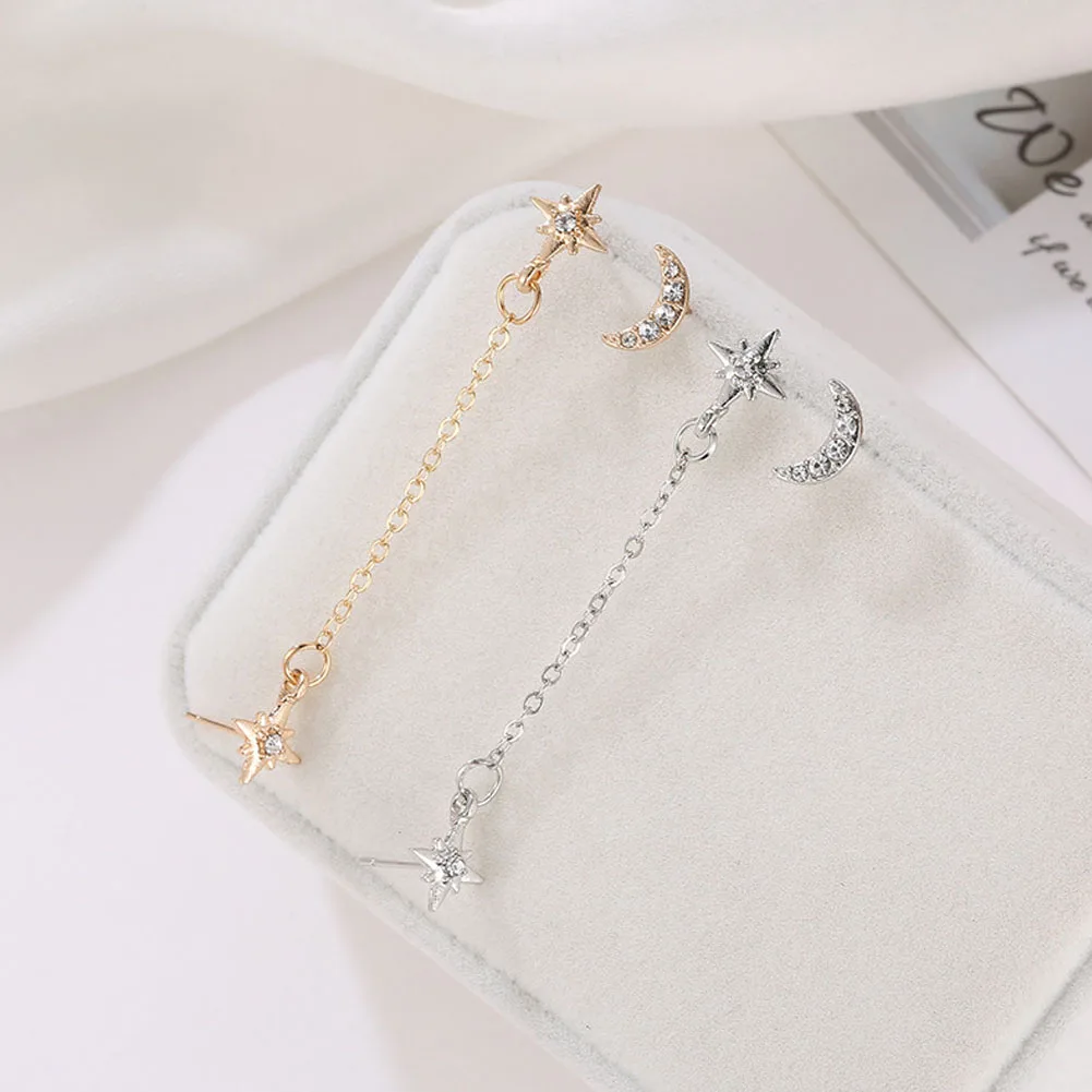 2Pcs/Set Rhinestone Moon Star Chain Stud Earrings 3 Ear Holes Gold Colors Women Earring Set 2020 Party Jewelry | Украшения и