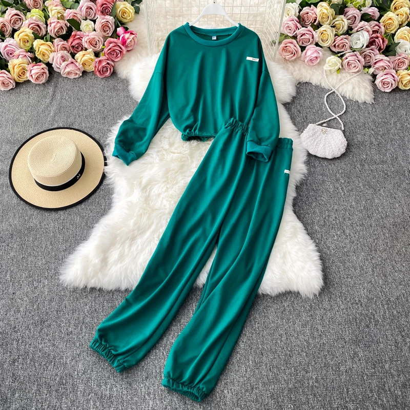 

Korean casual sports suit female autumn loose long-sleeved T-shirt + high waist belted sports pants two-piece sets student TZ472