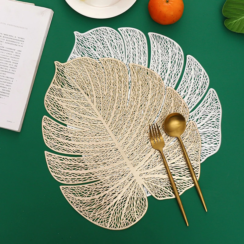

PVC Leaf Coaster Golden Hollow Out Plate Heat Insulated Mat Wedding Party Dinning Table Decoration Tableware Pads Accessories