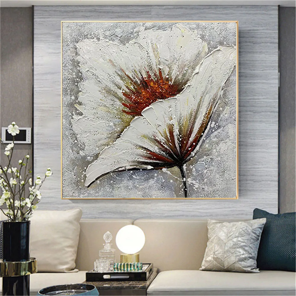 

Hand painted beautiful oil painting nordic flower dandelion white modern abstract home decoration painting living room wall art