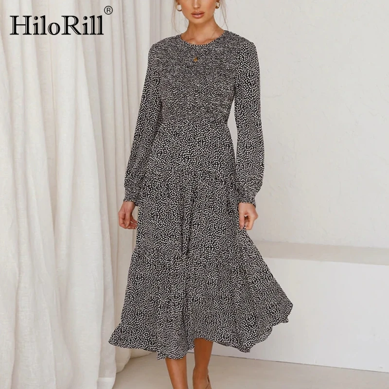 

HiloRill Women Printed O Neck Elegant Midi Dresses Ruffles Long Sleeve Boho Long Dress Ladies A Line Vintage Party Dress