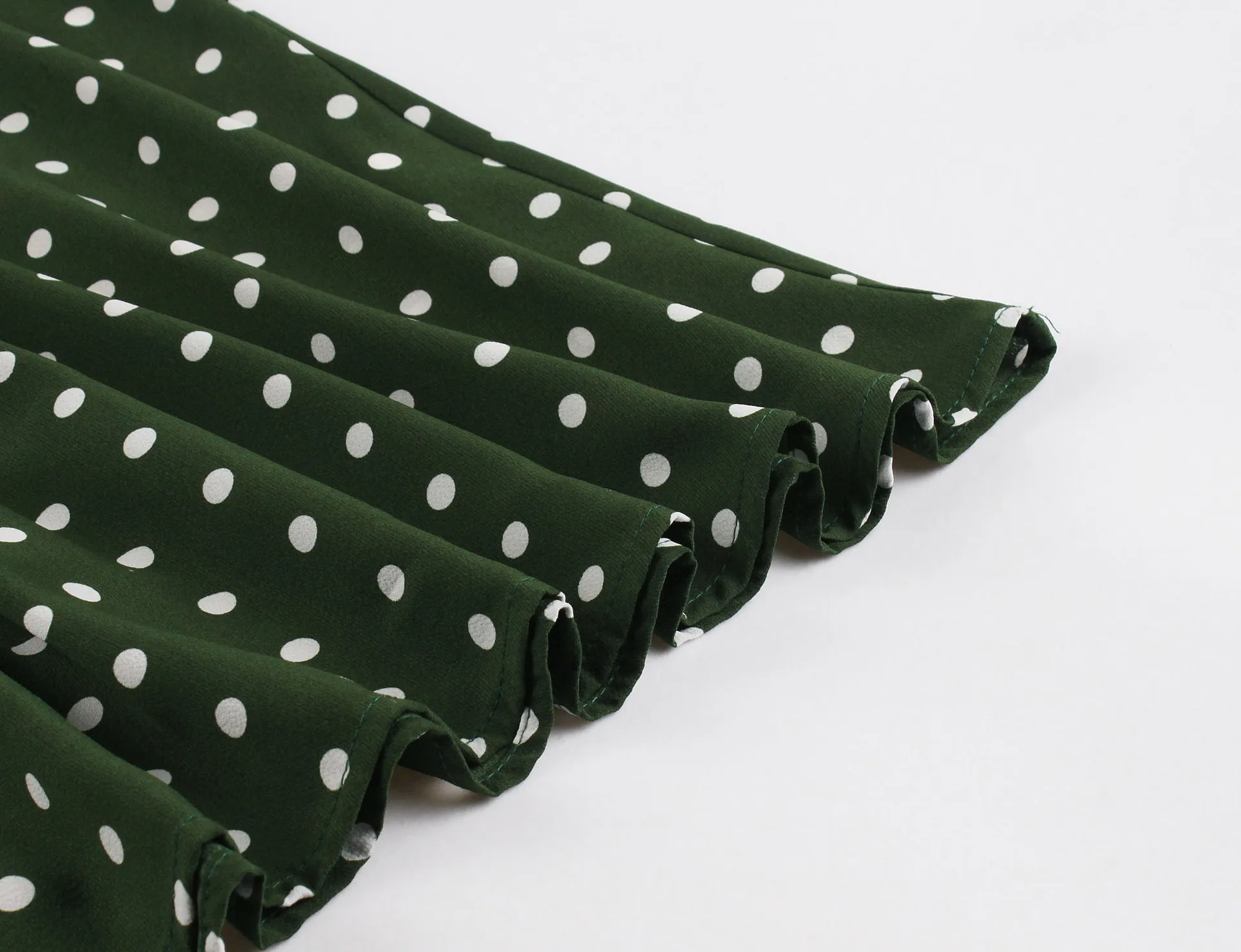 

2021 New Retro Clothing Summer Green Wave Point Casual Bow Turn-Down Collar Short Puff Sleeve Knee-Length Dresses for Women