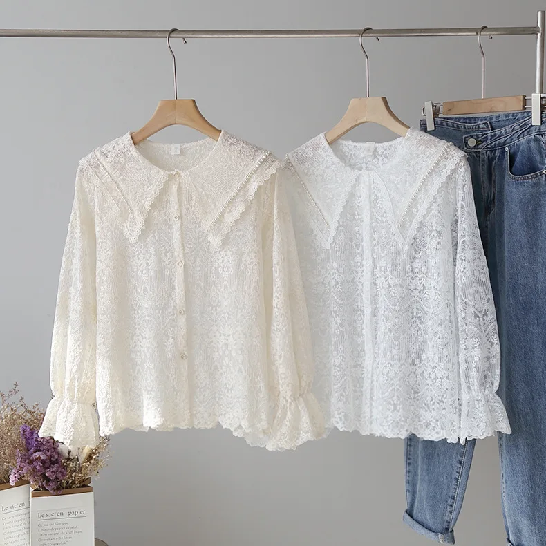 Женский милый кружевной топ с отворотами и бусинами тонкая прозрачная белая