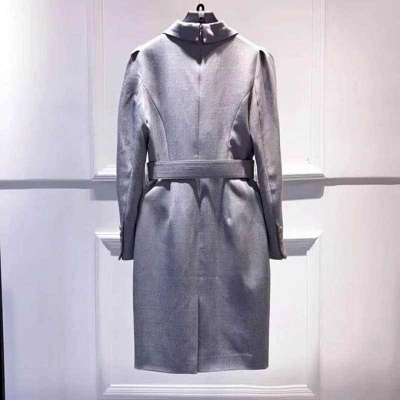 

Elegant Women's Dress 2020 Autumn Winter Business Woman Notched Collar Buttons Up Belt Deco Long Sleeve Slim Fitted Dress Grey