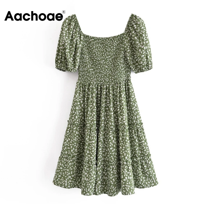 

Платье-мини женское ТРАПЕЦИЕВИДНОЕ с цветочным принтом, квадратным вырезом и поясом на резинке