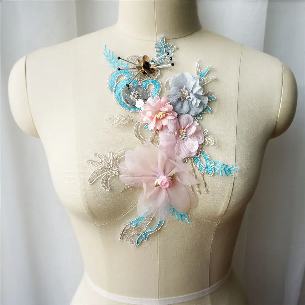 Розовая синяя 3D Цветочная кружевная ткань с пайетками вышитая одежда аппликация