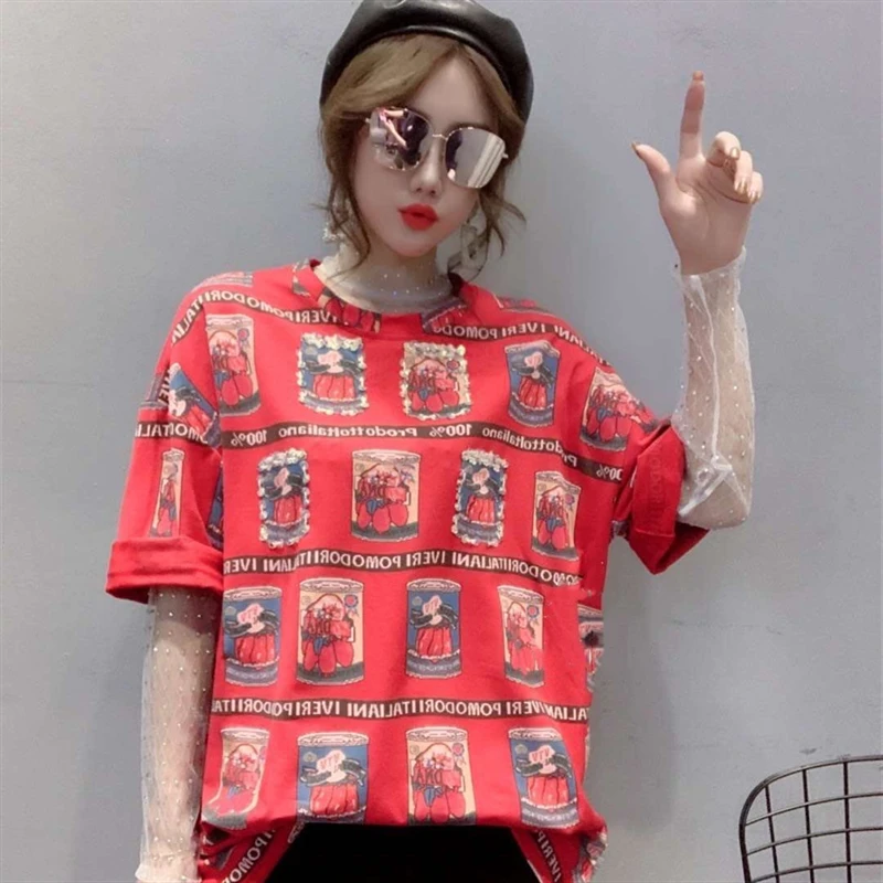 

2020 New Summer Women O-Neck Short Sleeve Loose T-shirts Female Fashion Casual Street Style Plaid Printing Stitching Tops QX163