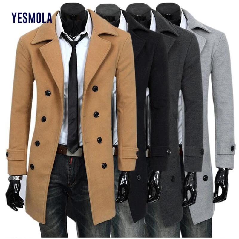 Осенне-зимнее Мужское пальто YESMOLA теплый шерстяной однотонный длинный Тренч
