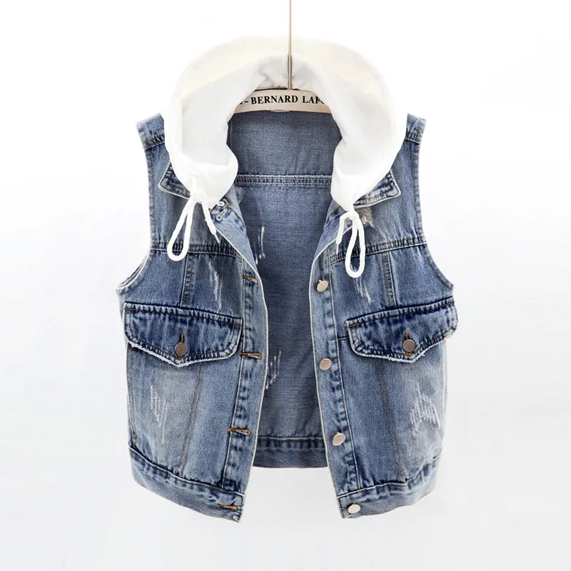 

Women Denim Vest Hooded Top Waistcoat Womens Casual Vest Coat High Quality Sleeveless Jacket Jeans Vests Female Large Size