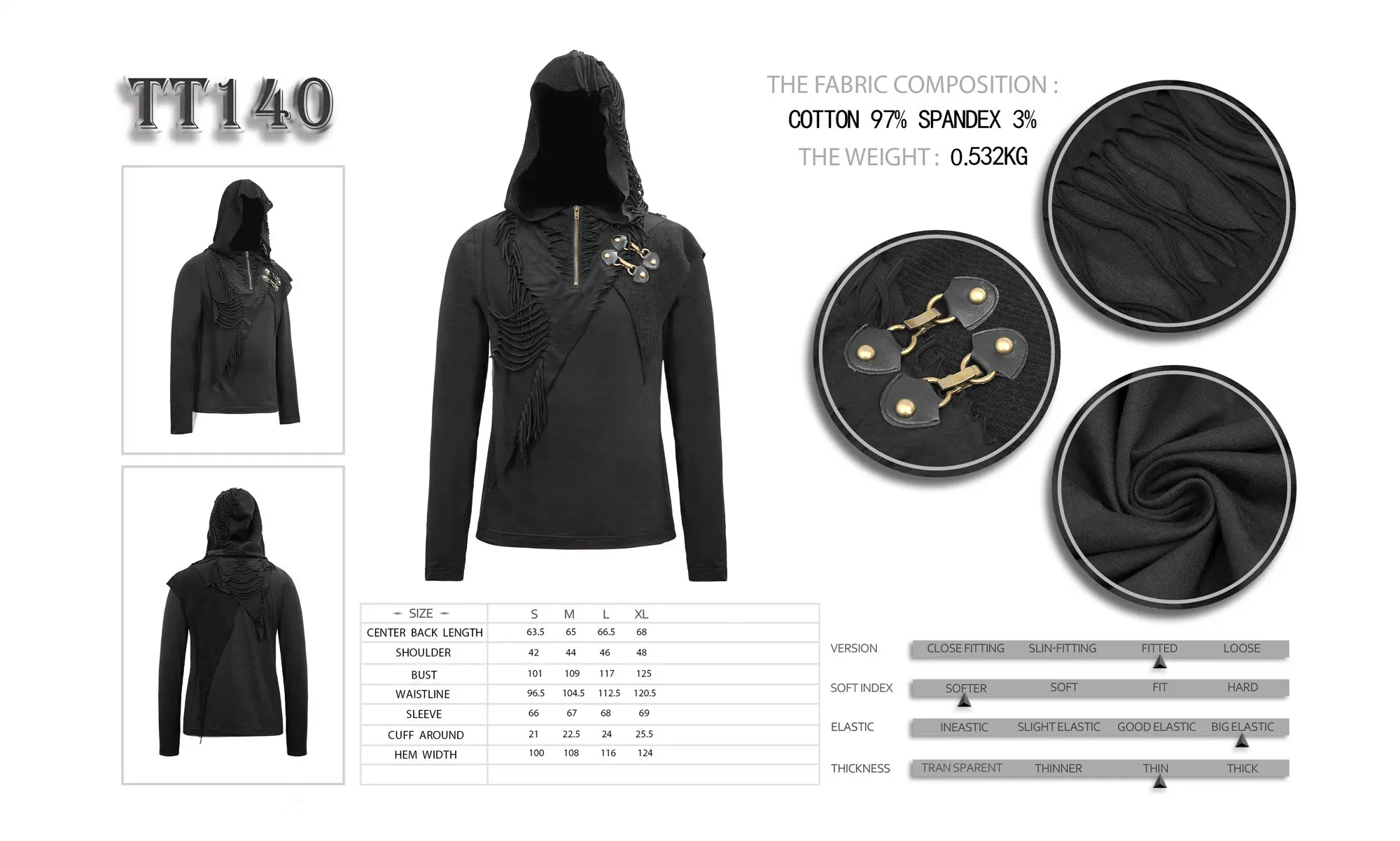 

Devil Fashion Men's Gothic Hooded Casual T-shirt Personality Slim Fit Tattered Daily Wear Tops