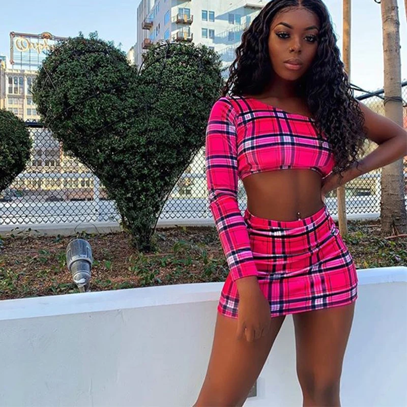 Женский комплект из 2 предметов ярко розовый пикантный клетчатый с юбкой