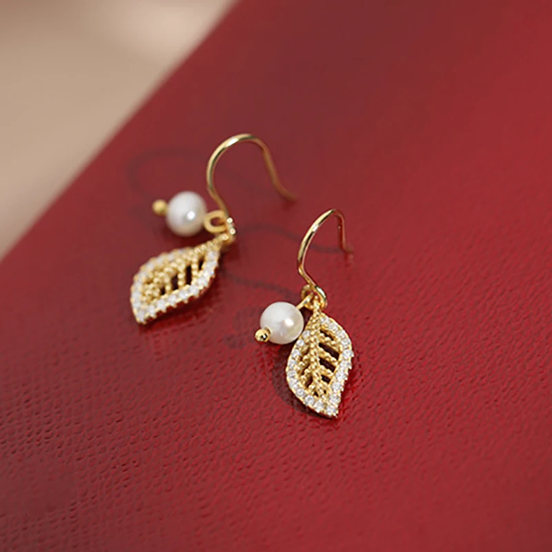 

Zircon Leaf Drop Dangle Earrings Woman Jewelry Electroplating Real Gold Earrings Pearl Pendant Hook Earrings