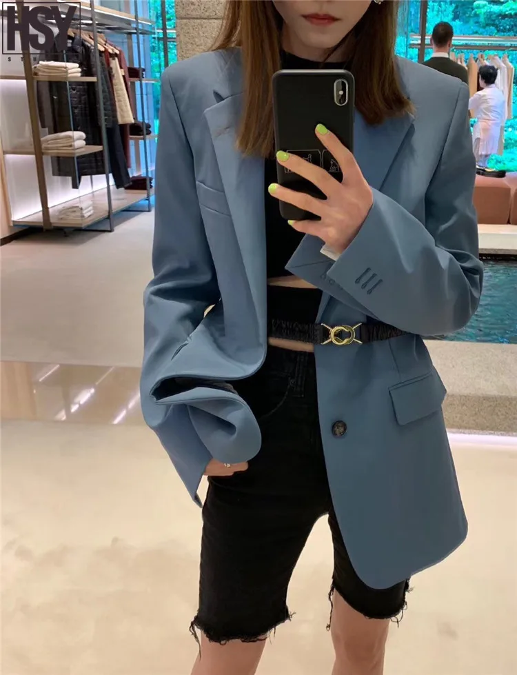 【HSY】 осенние новые женские костюмы высокого качества манжеты разрезы на заказ ремень камвольная ткань синий Повседневный Блейзер комплект Портной брюки костюм
