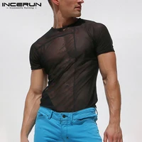 incerun men short sleeve mesh t shirts fashion round neck see through camisetas 2022 summer man sexy transparent tee tops 5xl 7