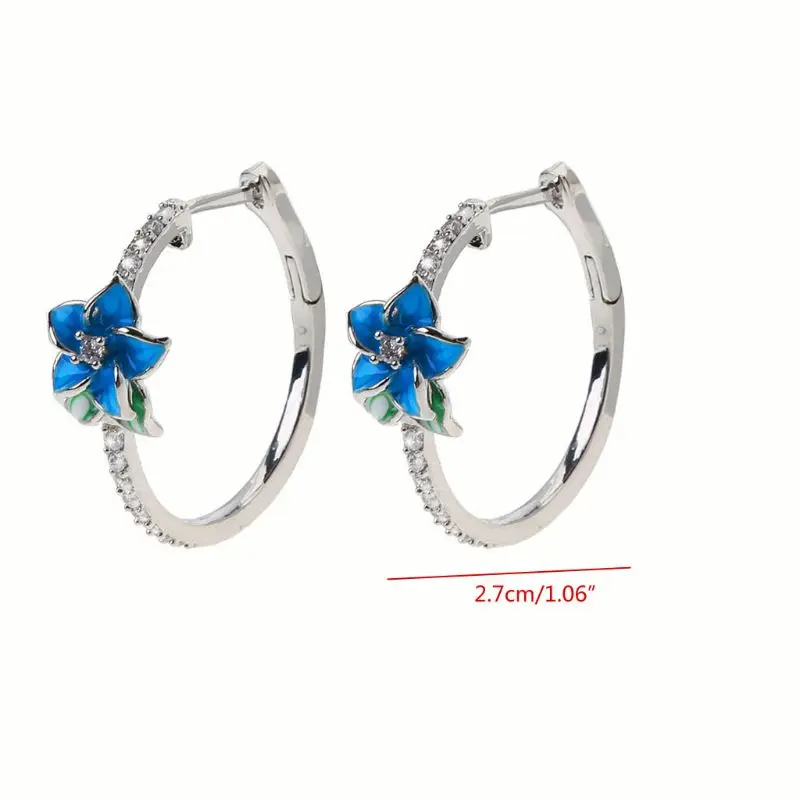 

Enamel Floral Zircon Blue Blooming Flower Hoop Earrings Women Fashion Jewerly