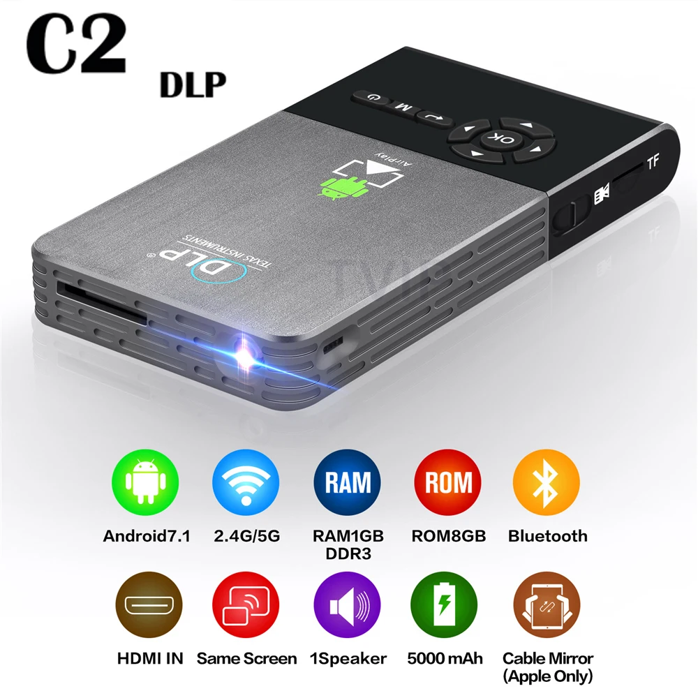 

C2 Android 7.1 Mini Projector 2.4G/5.8G Wifi Bluetooth Portable Proyector LED DLP Beamer Home Cinema Support Airplay Miracast