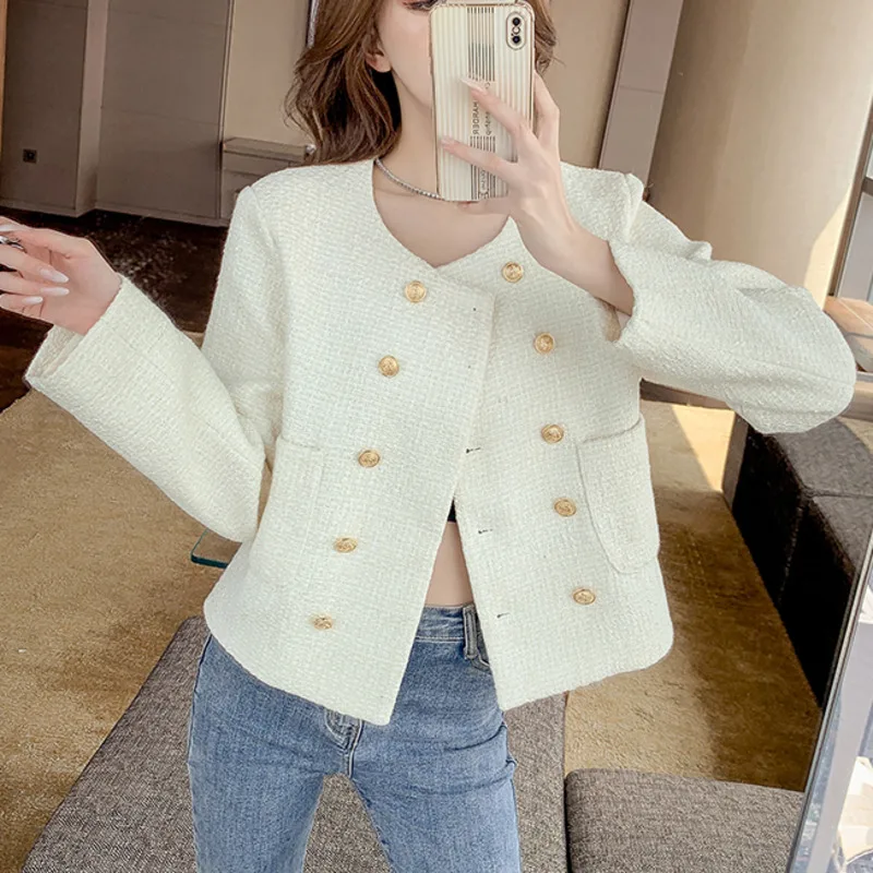 

Autumn Winter New Fashion Short Tweed Jacket Coat Women Casual Slim O-neck Outwear Crop Top Korean Casaco Feminino Inverno 2021