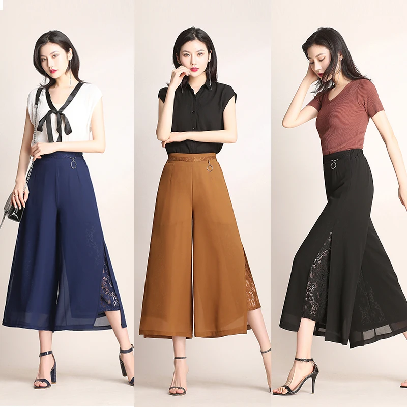 Шифоновые кружевные брюки TingYiLi в стиле палаццо женские летние свободные