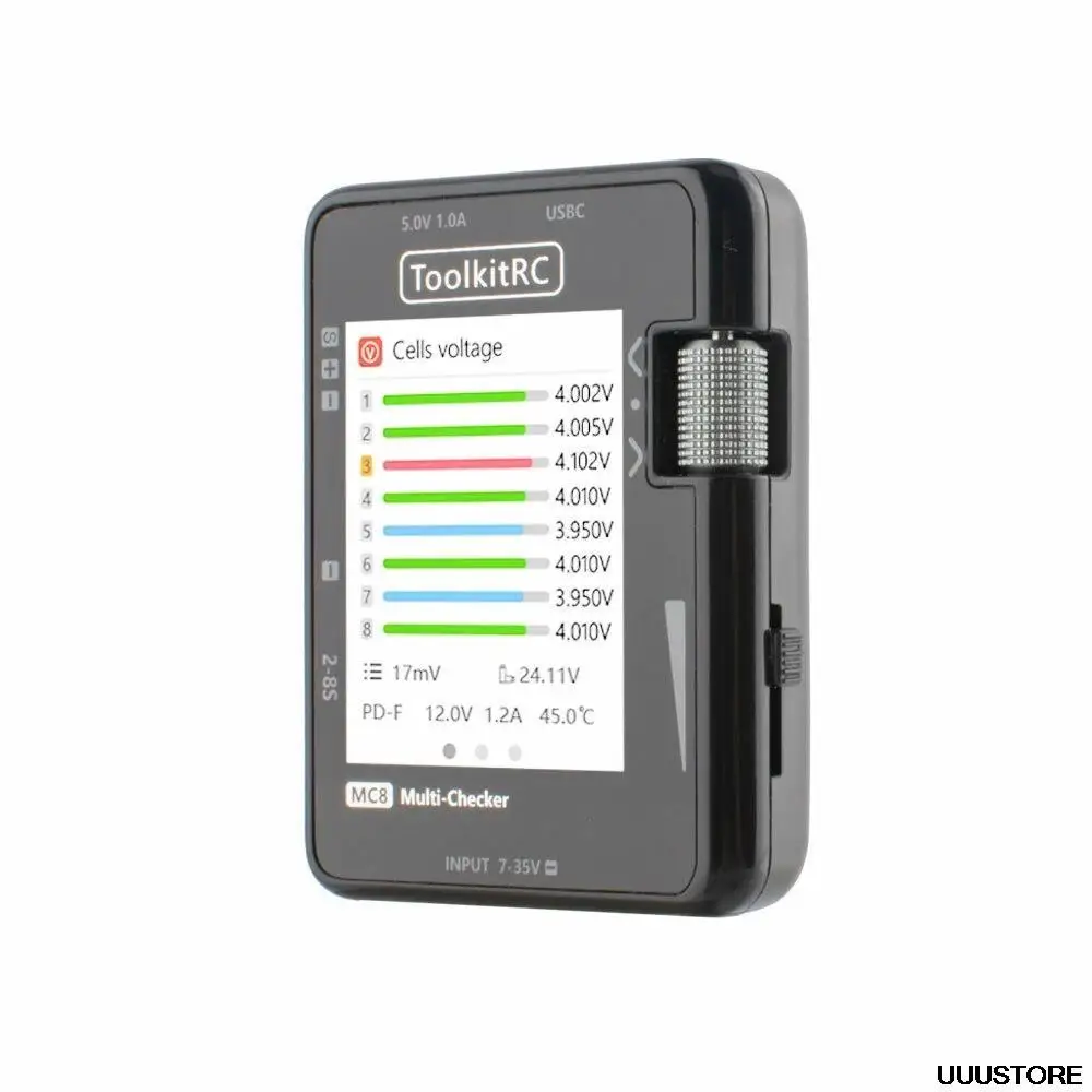 

ToolkitRC MC8 Mini Size Cell checker 32 Bit Battery Multi-Checker PWM Output PPM SBUS Readout With USB-C Fast Charging