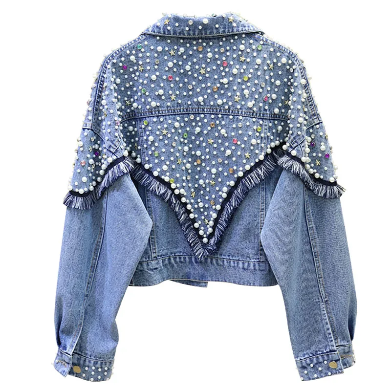 

2022 Spring Autumn New Fashion Heavy Industry Bead Washing Denim Jacket Coat Women Loose Short Cowboy Coats Studded Jeans Jacket