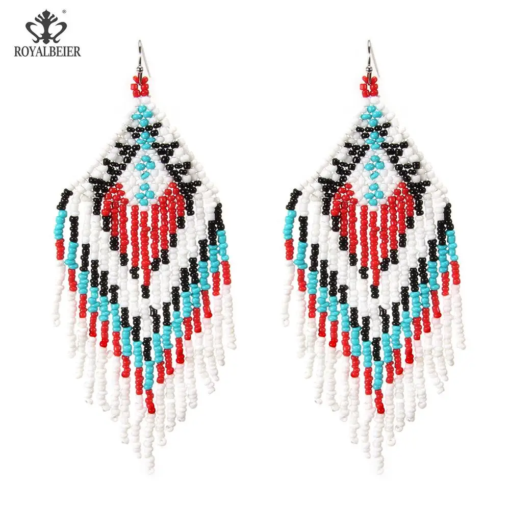 Bohemian earrings2 ROYALBEIER богемные длинные кисточки акриловые перо форма бисера Кулон Серьги Свадебная вечеринка очаровательные ювелирные изделия серьги - Окраска металла: Bohemian earrings2