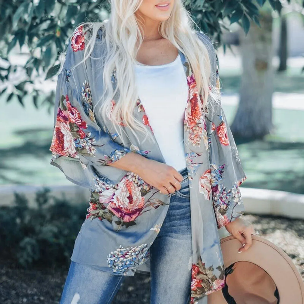 

Floral Kimono Cardigan Tunics For Beach Women Swimsuit Cover-ups Woman Chiffon Blouse Shirt Beach Cover Up Beachwear Holiday