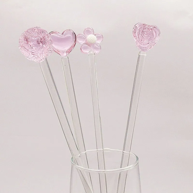 4 шт. декоративные стеклянные палочки для смешивания напитков в форме розового
