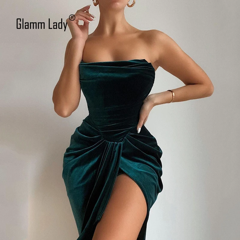 Glamm леди бархат Зима Повседневное сексуальное платье для женщин без бретелек