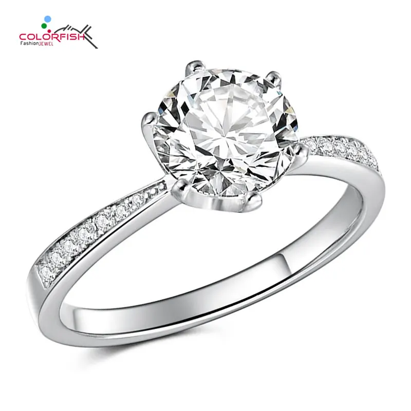 

COLORFISH Classic 2 Carat Moissanite Round Cut Six Claws Solitaire 925 Sterling Silver Engagement Rings