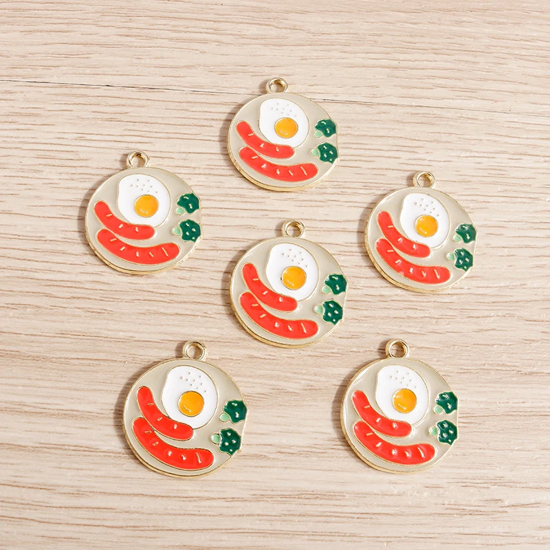 

10pcs 20*22mm Breakfast Charms for Jewelry Making Enamel Sausage Fried Egg Food Charms Pendants Necklaces Earrings DIY Accessory